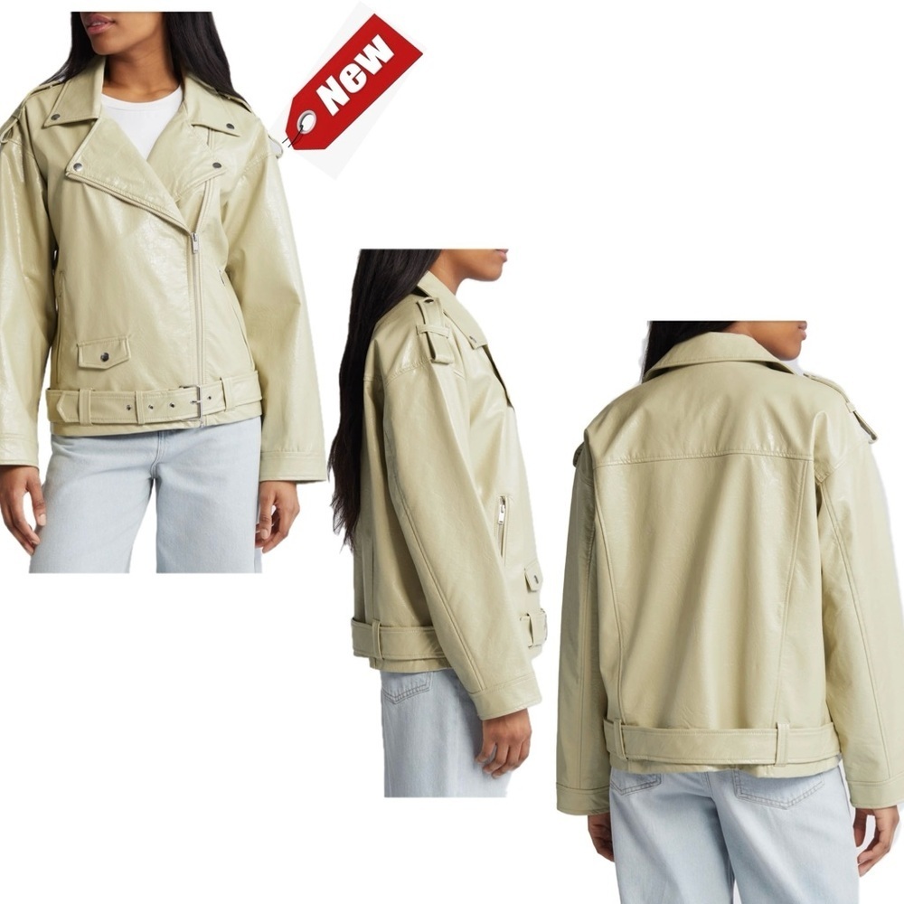 NOISY MAY Kane Paulina Faux Patent PU Leather Moto Biker Jacket beige cream M